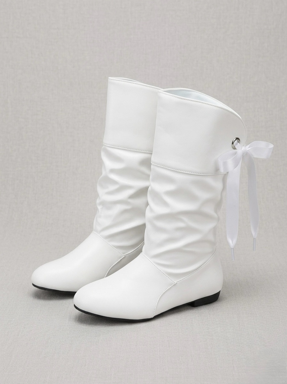 White Faux Leather Slouchy Mid Calf Boots With Ribbon Conquette/Lolita